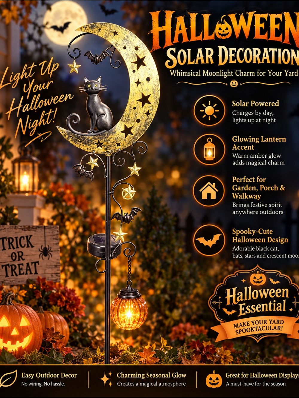 Halloween Solar Moon Cat Yard Stake - Black and Gold Outdoor Decoration